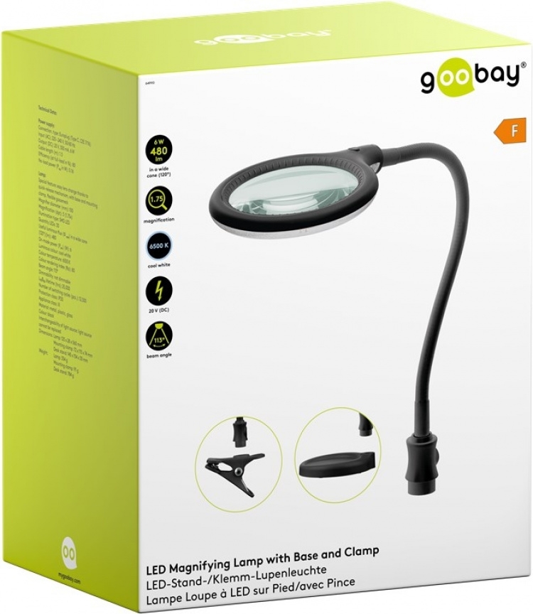 Goobay LED-forstørrelseslampe med stativ/klips, 6 W, svart 480 lm, 100 mm glasslinse, 1,75x forstørrelse, 3 dioptrier