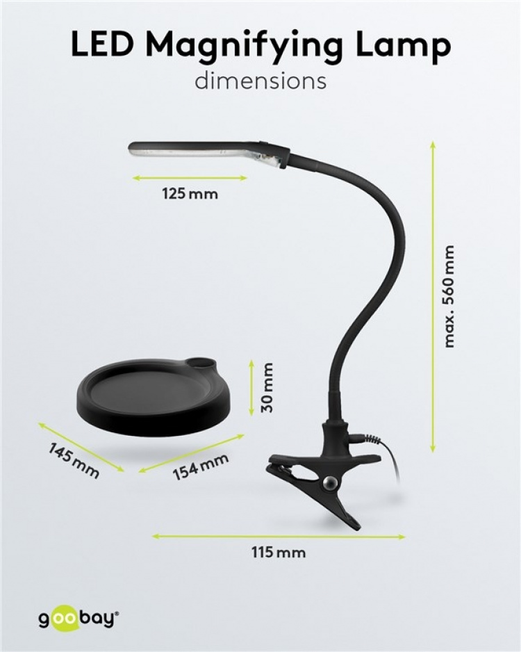 Goobay LED-forstørrelseslampe med stativ/klips, 6 W, svart 480 lm, 100 mm glasslinse, 1,75x forstørrelse, 3 dioptrier