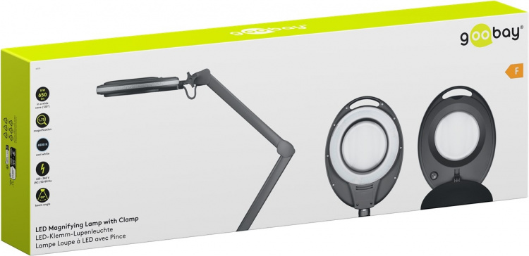 Goobay LED-forstørrelseslampe med klips, 8 W, svart 650 lm, 127 mm krystallglasslinse, 1,75x forstørrelse, 3 dioptrier