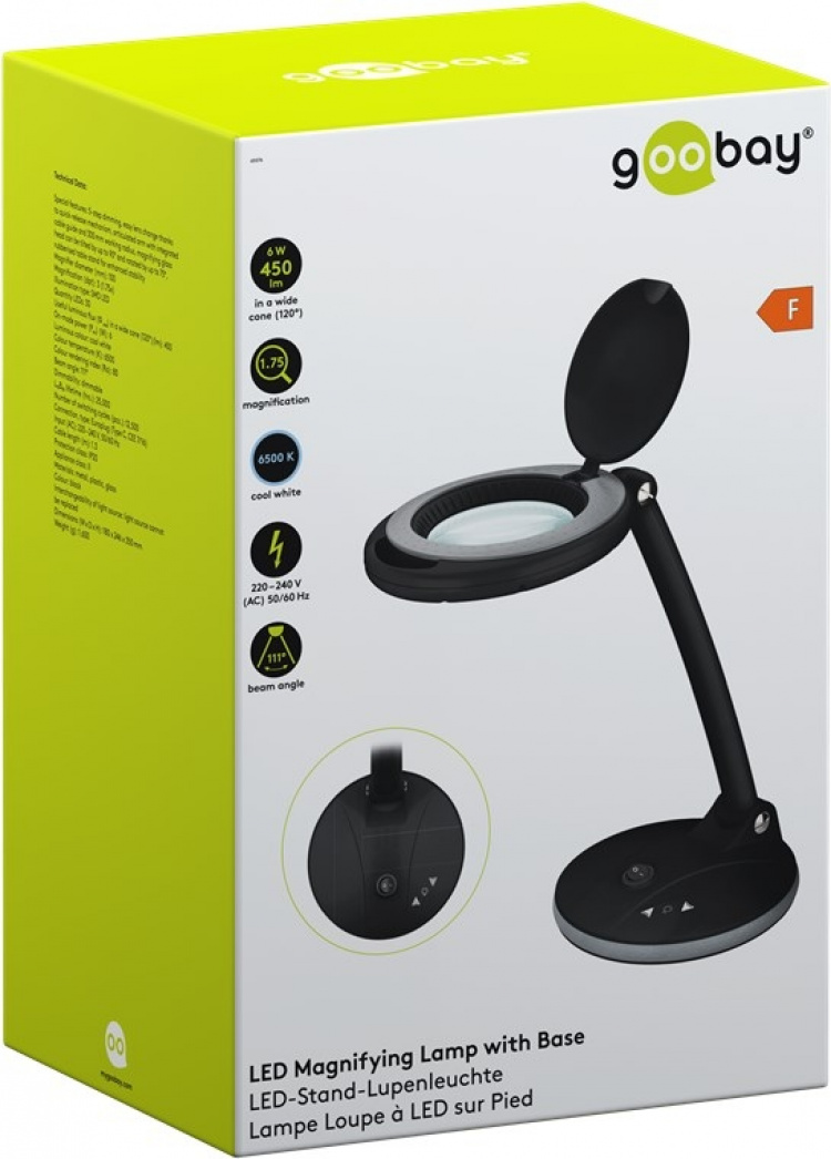 Goobay LED-forstørrelseslampe med stativ, 6 W, svart 80-450 lm, dimbar, 100 mm glasslinse, 1,75x forstørrelse, 3 dioptrier