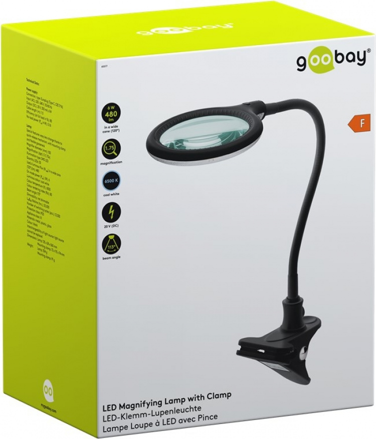 Goobay LED-forstørrelseslampe med klips, 6 W, svart 480 lm, 100 mm glasslinse, 1,75x forstørrelse, 3 dioptrier
