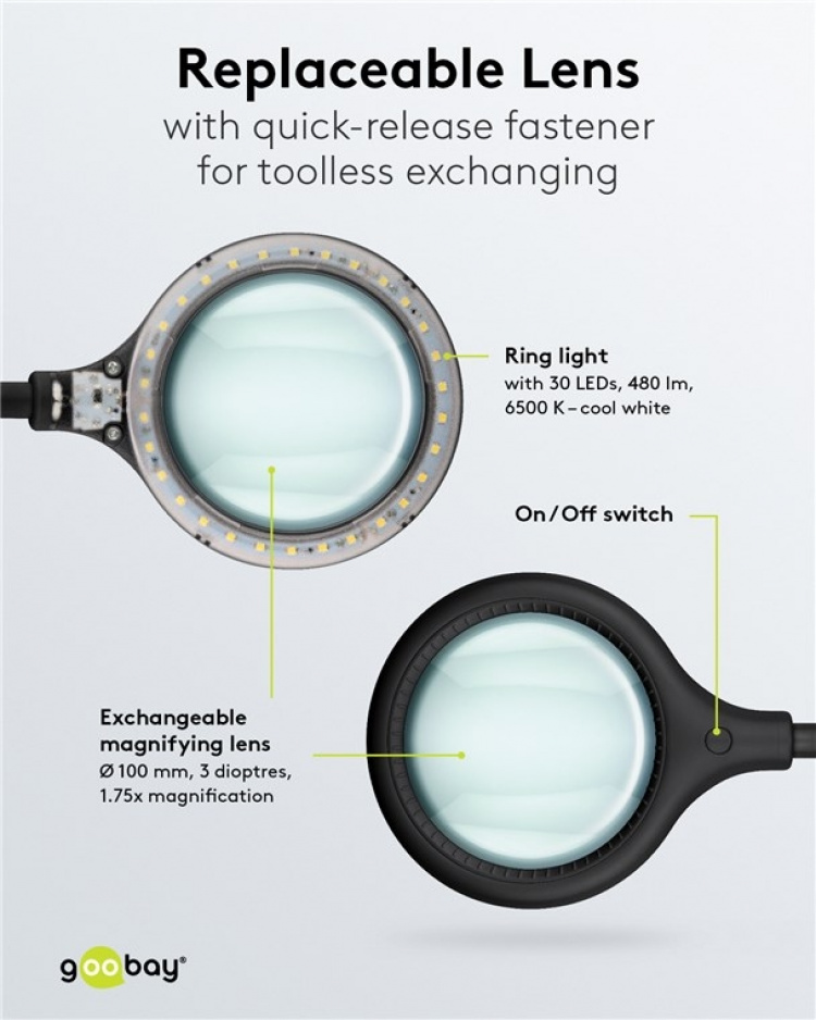 Goobay LED-forstørrelseslampe med klips, 6 W, svart 480 lm, 100 mm glasslinse, 1,75x forstørrelse, 3 dioptrier
