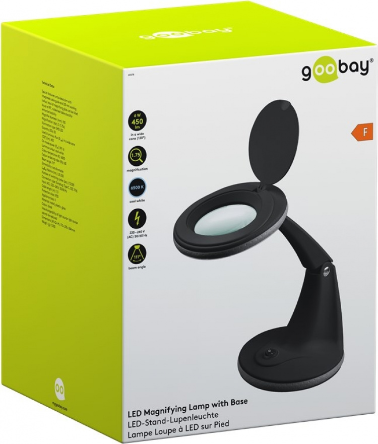 Goobay LED-forstørrelseslampe med stativ, 6 W, svart 450 lm, 100 mm glasslinse, 1,75x forstørrelse, 3 dioptrier Goobay LED-forstørrelseslampe med stativ, 6 W, svart 450 lm, 100 mm glasslinse, 1,75x forstørrelse, 3 dioptrier