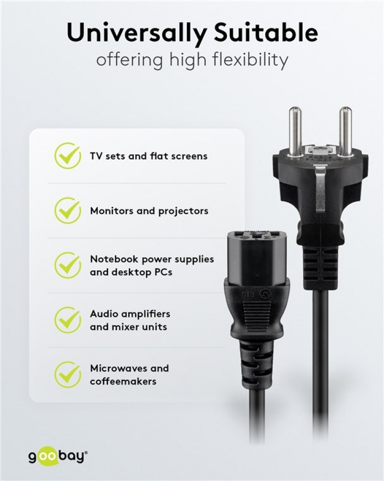 Goobay Anslutningskabel för kalla enheter, 1,5 m, svart Jordkontaktstift (typ F, CEE 7/7) > Uttag C13 (kall apparatanslutning)