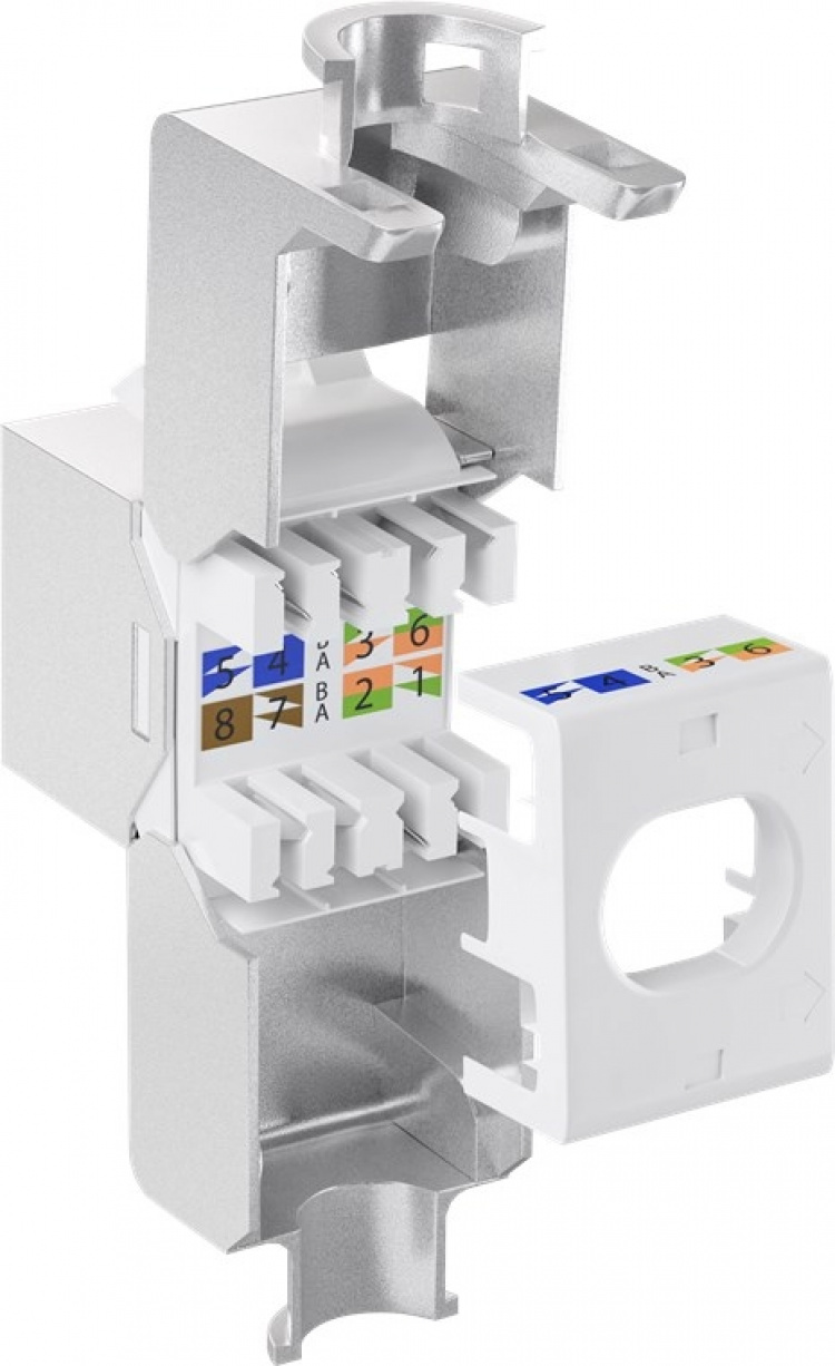 Goobay Keystone-modul RJ45 CAT 6A, STP, slim-line 14,7 mm bred, krokodilletype, klemlist for IDC-montering (verktøyfri) Goobay Keystone-modul RJ45 CAT 6A, STP, slim-line 14,7 mm bred, krokodilletype, klemlist for IDC-montering (verktøyfri)