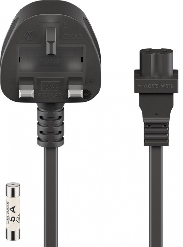 Goobay Kabel for strømtilkobling i Storbritannia, 1,8 m, svart 3-polet UK-plugg (type G, BS 1363) > apparatkontakt C7