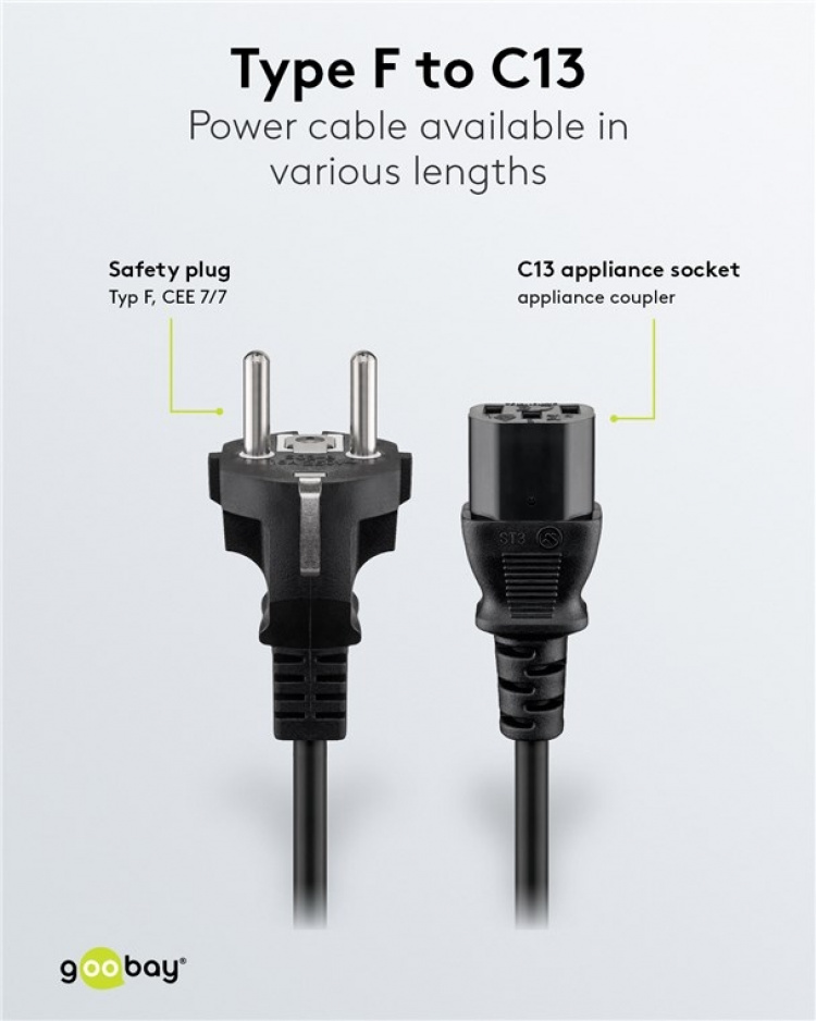Goobay Tilkoblingskabel for kalde apparater, 5 m, svart Jordingsstift (type F, CEE 7/7) > Stikkontakt C13 (tilkobling av kaldt apparat) Goobay Tilkoblingskabel for kalde apparater, 5 m, svart Jordingsstift (type F, CEE 7/7) > Stikkontakt C13 (tilkobling av kaldt apparat)
