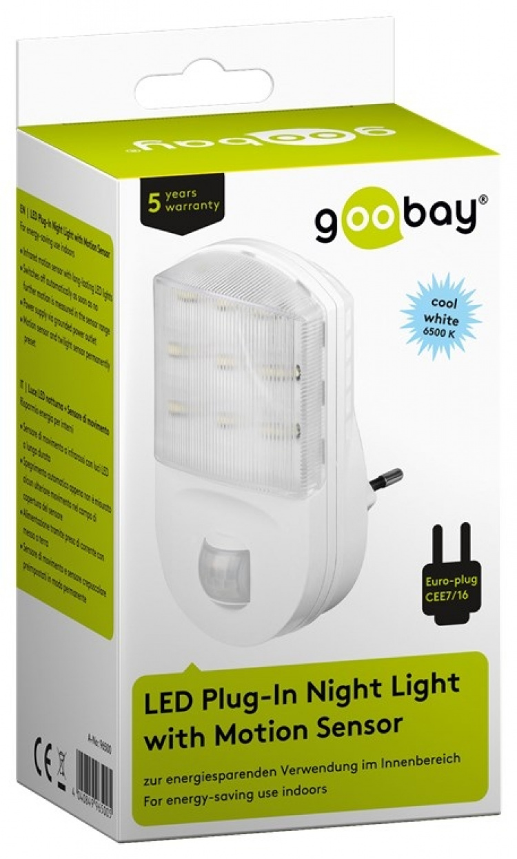 Goobay LED-nattlys med bevegelsesdetektor kaldhvit, 120° deteksjon, 5 m rekkevidde, for innendørs bruk (IP20) Goobay LED-nattlys med bevegelsesdetektor kaldhvit, 120° deteksjon, 5 m rekkevidde, for innendørs bruk (IP20)