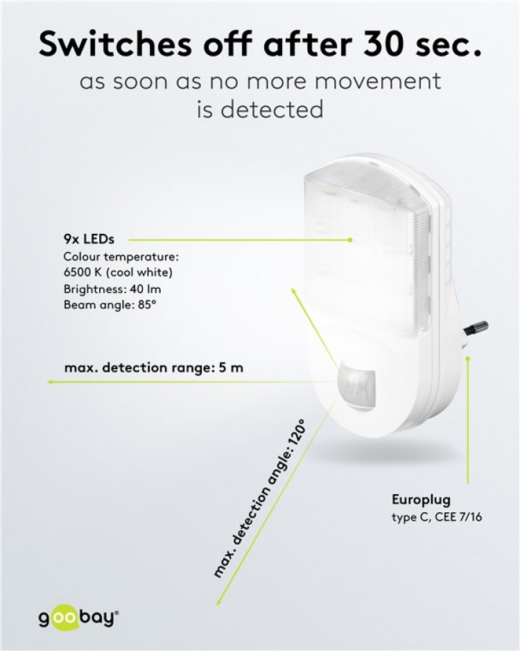 Goobay LED-nattlys med bevegelsesdetektor kaldhvit, 120° deteksjon, 5 m rekkevidde, for innendørs bruk (IP20) Goobay LED-nattlys med bevegelsesdetektor kaldhvit, 120° deteksjon, 5 m rekkevidde, for innendørs bruk (IP20)
