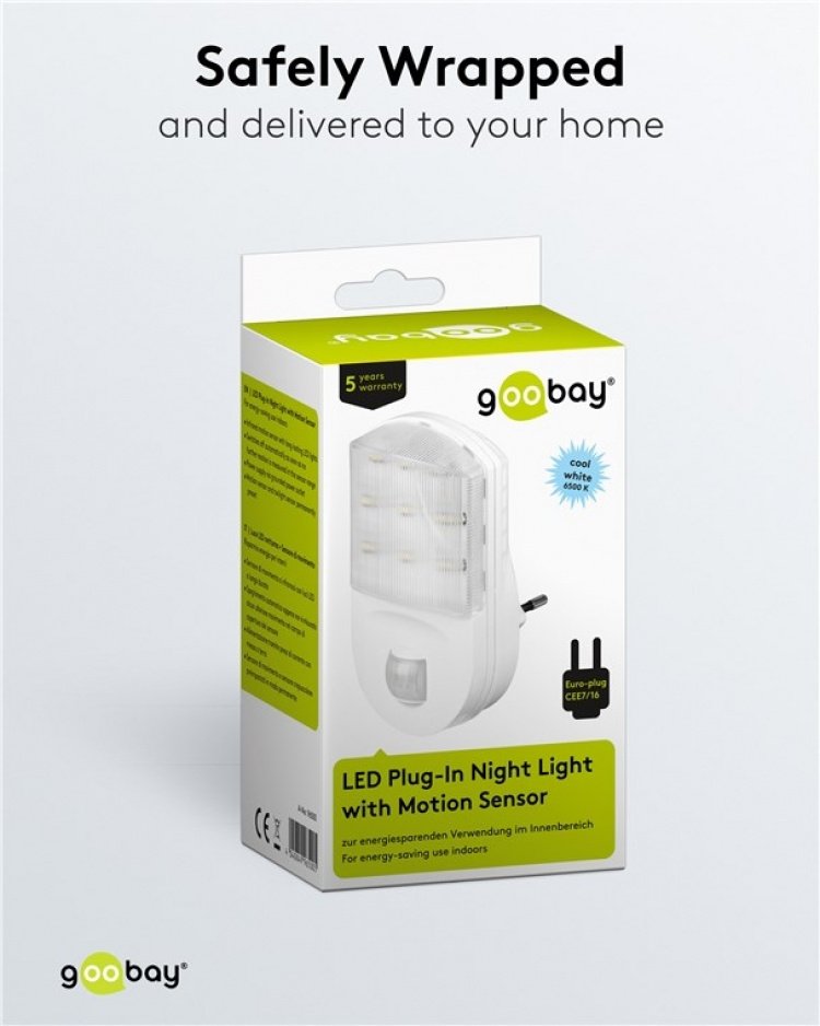 Goobay LED-nattlys med bevegelsesdetektor kaldhvit, 120° deteksjon, 5 m rekkevidde, for innendørs bruk (IP20) Goobay LED-nattlys med bevegelsesdetektor kaldhvit, 120° deteksjon, 5 m rekkevidde, for innendørs bruk (IP20)