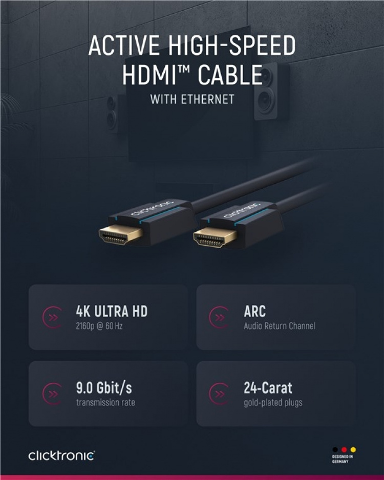 ClickTronic Aktiv høyhastighets HDMI™-kabel med Ethernet Premium-kabel | 1x HDMI™-kontakt >> 1x HDMI™-kontakt | 20,0 m | UHD 4K @ 60 Hz ClickTronic Aktiv høyhastighets HDMI™-kabel med Ethernet Premium-kabel | 1x HDMI™-kontakt >> 1x HDMI™-kontakt | 20,0 m | UHD 4K @ 60 Hz