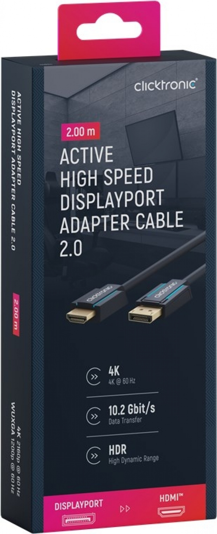 ClickTronic Aktiv DisplayPort™ til HDMI™ (4K/60 Hz)-adapterkabel Premium kabel | 1x DisplayPort™-kontakt >> 1x HDMI™-kontakt | 2,0 m | 4K @ 60 Hz ClickTronic Aktiv DisplayPort™ til HDMI™ (4K/60 Hz)-adapterkabel Premium kabel | 1x DisplayPort™-kontakt >> 1x HDMI™-kontakt | 2,0 m | 4K @ 60 Hz