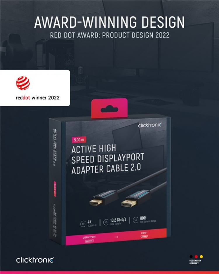 ClickTronic Aktiv DisplayPort™ til HDMI™ (4K/60 Hz)-adapterkabel Premium kabel | 1x DisplayPort™-kontakt >> 1x HDMI™-kontakt | 5,0 m | 4K @ 60 Hz
