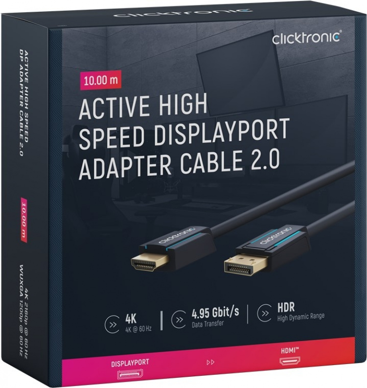 ClickTronic Aktiv DisplayPort™ til HDMI™ (4K/60 Hz)-adapterkabel Premium kabel | 1x DisplayPort™-kontakt >> 1x HDMI™-kontakt | 10,0 m | 4K @ 60 Hz
