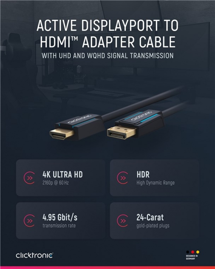 ClickTronic Aktiv DisplayPort™ til HDMI™ (4K/60 Hz)-adapterkabel Premium kabel | 1x DisplayPort™-kontakt >> 1x HDMI™-kontakt | 10,0 m | 4K @ 60 Hz
