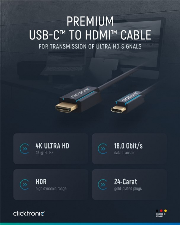 ClickTronic Adapterkabel fra USB-C™ til HDMI™ Premium-kabel | USB-C™-kontakt HDMI™-kontakt | 2,0 m | 4K @ 60 Hz ClickTronic Adapterkabel fra USB-C™ til HDMI™ Premium-kabel | USB-C™-kontakt HDMI™-kontakt | 2,0 m | 4K @ 60 Hz