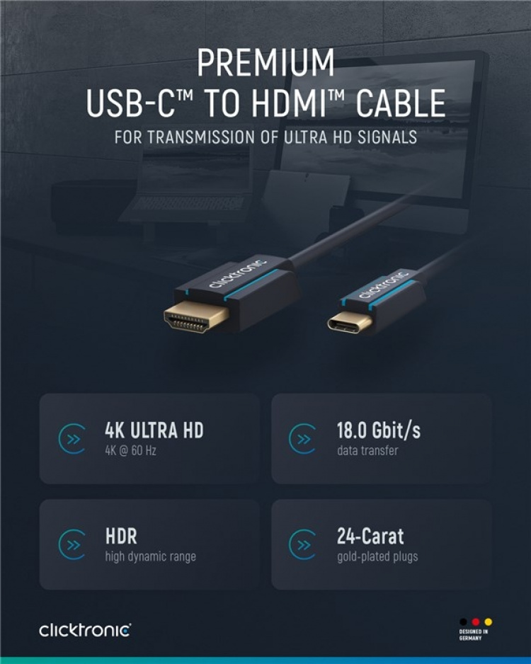 ClickTronic Adapterkabel fra USB-C™ til HDMI™ Premium-kabel | USB-C™-kontakt HDMI™-kontakt | 3,0 m | 4K @ 60 Hz ClickTronic Adapterkabel fra USB-C™ til HDMI™ Premium-kabel | USB-C™-kontakt HDMI™-kontakt | 3,0 m | 4K @ 60 Hz