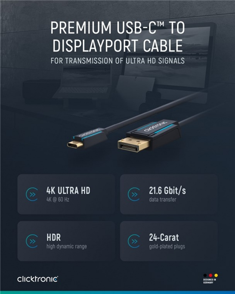 ClickTronic USB-C™ til DisplayPort™ adapterkabel Premium kabel | USB-C™-kontakt DisplayPort™-kontakt | 1,0 m | 4K @ 60 Hz