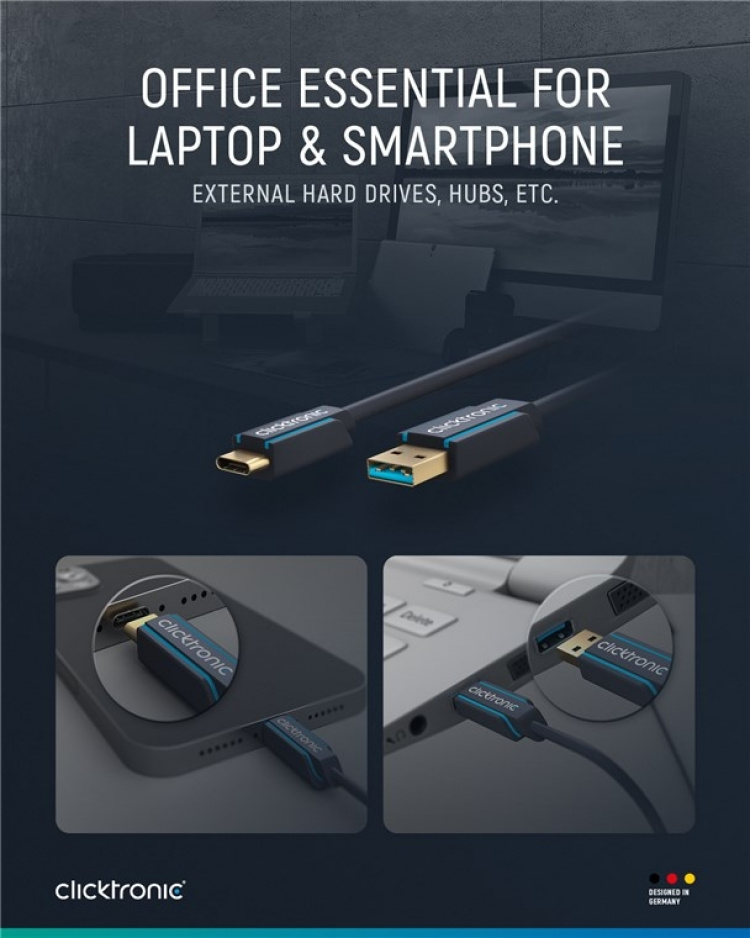 ClickTronic USB-C™ til USB-A 3.2 Gen 1 adapterkabel Premium-kabel | USB-C™-kontakt USB-A 3.0-kontakt | 0,5 m | 5 Gbit/s