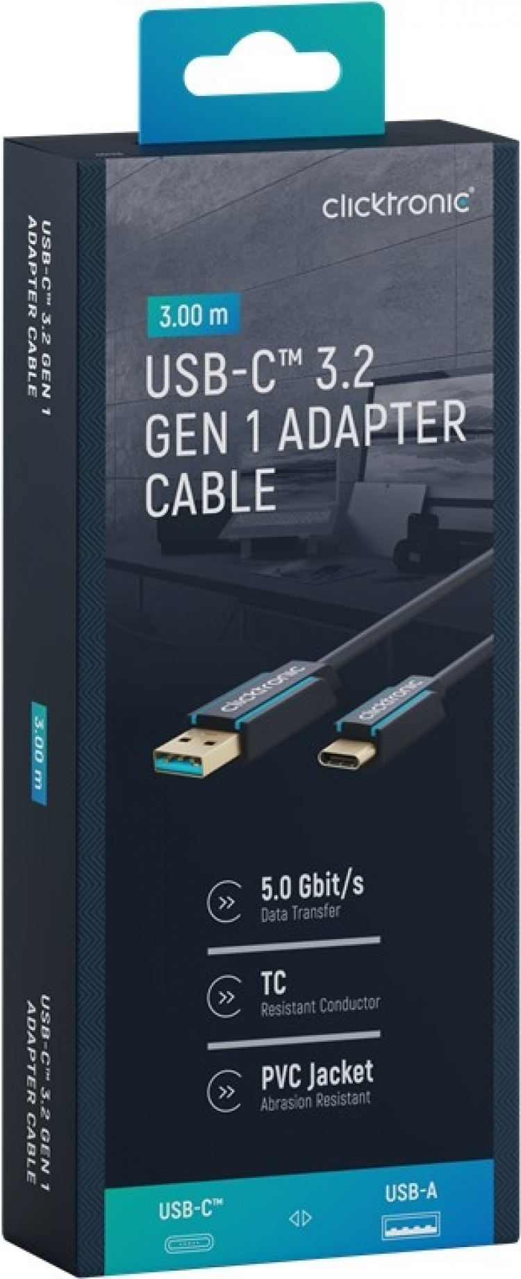 ClickTronic USB-C™ til USB-A 3.2 Gen 1 adapterkabel Premium-kabel | USB-C™-kontakt USB-A 3.0-kontakt | 3,0 m | 5 Gbit/s