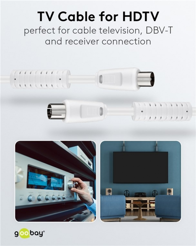 Goobay Antennekabel med ferritt (80 dB), dobbeltskjermet koaksialplugg > koaksialplugg (helskjermet), 10 m