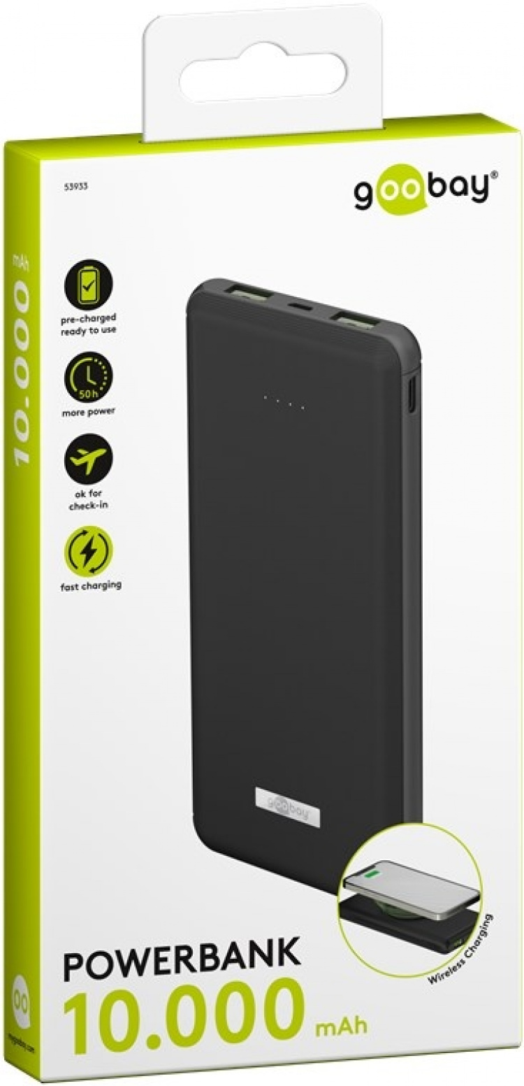 Goobay Trådløs hurtigladende powerbank på 10 000 mAh (USB-C™ PD, QC 3.0) Trådløs hurtigladeteknologi - ingen flere sammenfiltrede kabler og perfekt for reising