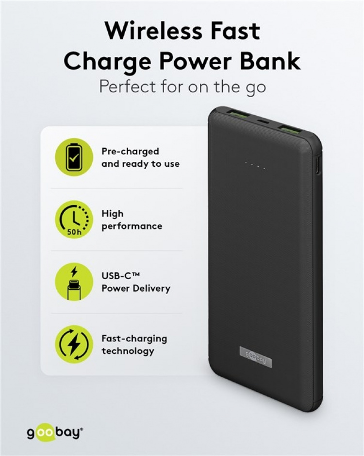 Goobay Trådløs hurtigladende powerbank på 10 000 mAh (USB-C™ PD, QC 3.0) Trådløs hurtigladeteknologi - ingen flere sammenfiltrede kabler og perfekt for reising