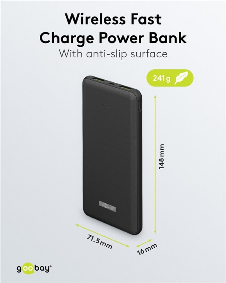 Goobay Trådløs hurtigladende powerbank på 10 000 mAh (USB-C™ PD, QC 3.0) Trådløs hurtigladeteknologi - ingen flere sammenfiltrede kabler og perfekt for reising