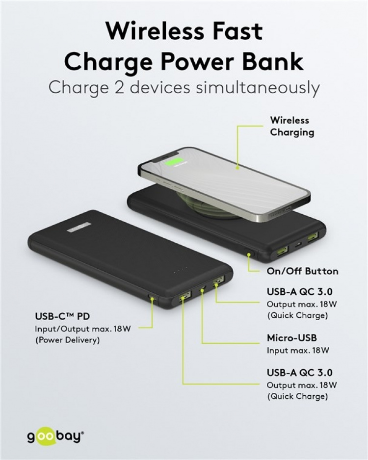 Goobay Trådløs hurtigladende powerbank på 10 000 mAh (USB-C™ PD, QC 3.0) Trådløs hurtigladeteknologi - ingen flere sammenfiltrede kabler og perfekt for reising
