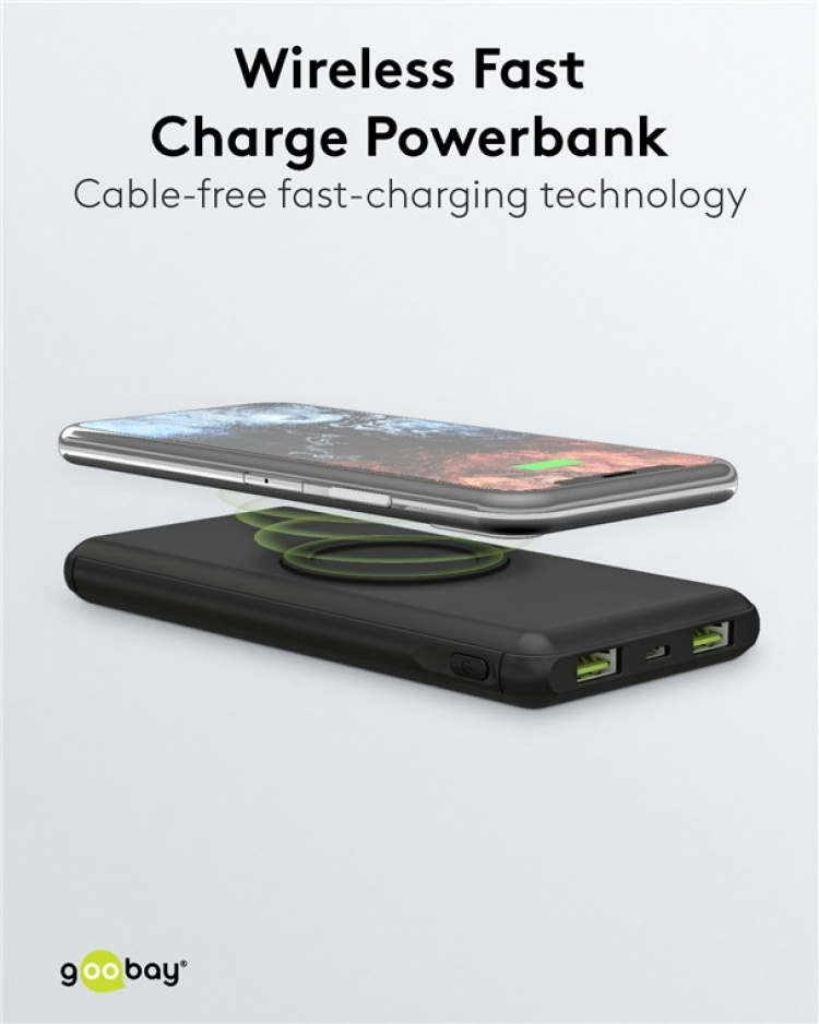 Goobay Trådløs hurtigladende powerbank på 10 000 mAh (USB-C™ PD, QC 3.0) Trådløs hurtigladeteknologi - ingen flere sammenfiltrede kabler og perfekt for reising