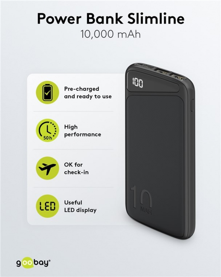 Goobay Powerbank Slimline 10.000 mAh Kraftig 10.000 mAh med statusdisplay Goobay Powerbank Slimline 10.000 mAh Kraftig 10.000 mAh med statusdisplay