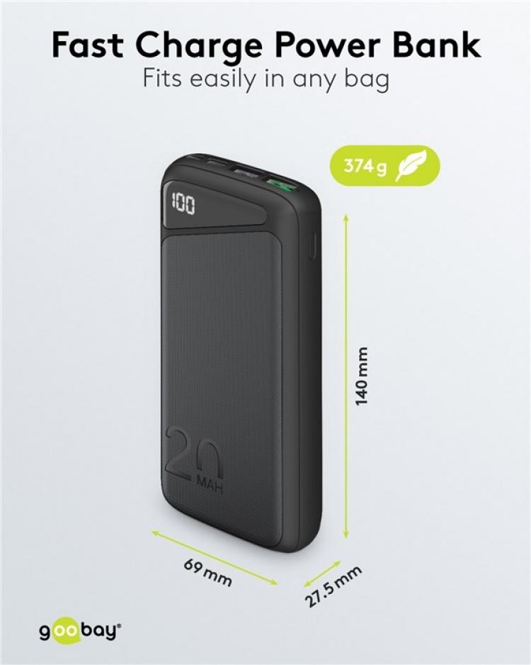 Goobay Quick Charge Powerbank 20 000 mAh (USB-C™ PD, QC 3.0) Kraftig powerbank med statusdisplay, kompatibel med Quick Charge Goobay Quick Charge Powerbank 20 000 mAh (USB-C™ PD, QC 3.0) Kraftig powerbank med statusdisplay, kompatibel med Quick Charge