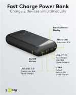 Goobay Quick Charge Powerbank 20 000 mAh (USB-C™ PD, QC 3.0) Kraftig powerbank med statusdisplay, kompatibel med Quick Charge Goobay Quick Charge Powerbank 20 000 mAh (USB-C™ PD, QC 3.0) Kraftig powerbank med statusdisplay, kompatibel med Quick Charge