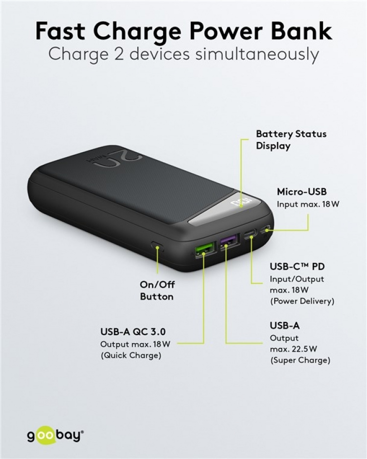 Goobay Quick Charge Powerbank 20 000 mAh (USB-C™ PD, QC 3.0) Kraftig powerbank med statusdisplay, kompatibel med Quick Charge Goobay Quick Charge Powerbank 20 000 mAh (USB-C™ PD, QC 3.0) Kraftig powerbank med statusdisplay, kompatibel med Quick Charge