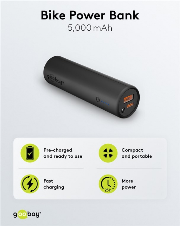 Goobay Bike powerbank 5.0 (5 000 mAh) liten, tynn og praktisk powerbank med en kapasitet på 5 000 mAh for montering på sykkelen