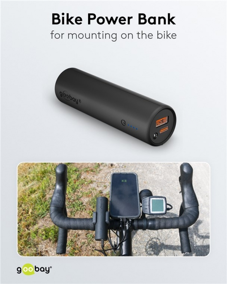 Goobay Bike powerbank 5.0 (5 000 mAh) liten, tynn og praktisk powerbank med en kapasitet på 5 000 mAh for montering på sykkelen