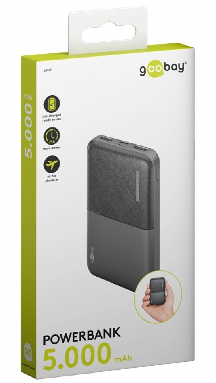Goobay Powerbank compact 5.000 mAh praktisk og plassbesparende design med 5.000 mAh, perfekt for reiser