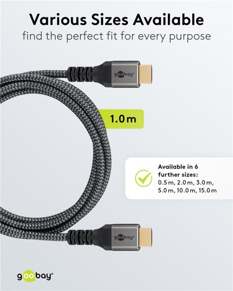 Goobay Høyhastighets HDMI™-kabel med Ethernet, 1 m, Sharkskin Grey HDMI™-kontakt (type A) > HDMI™-kontakt (type A) Goobay Høyhastighets HDMI™-kabel med Ethernet, 1 m, Sharkskin Grey HDMI™-kontakt (type A) > HDMI™-kontakt (type A)