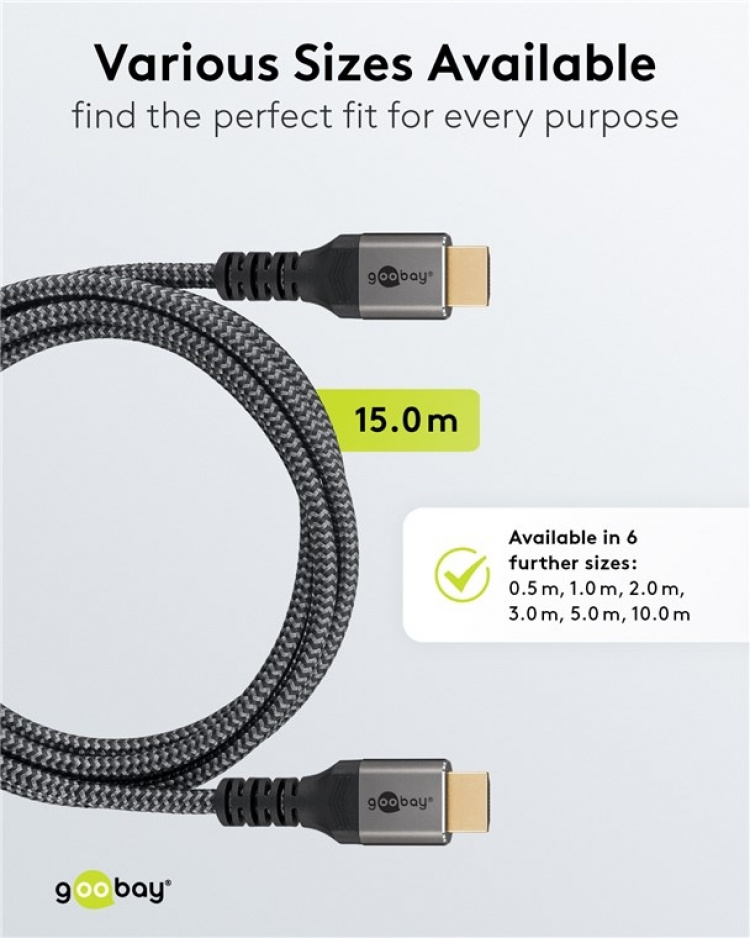 Goobay Høyhastighets HDMI™-kabel med Ethernet, 15 m, Sharkskin Grey HDMI™-kontakt (type A) > HDMI™-kontakt (type A)