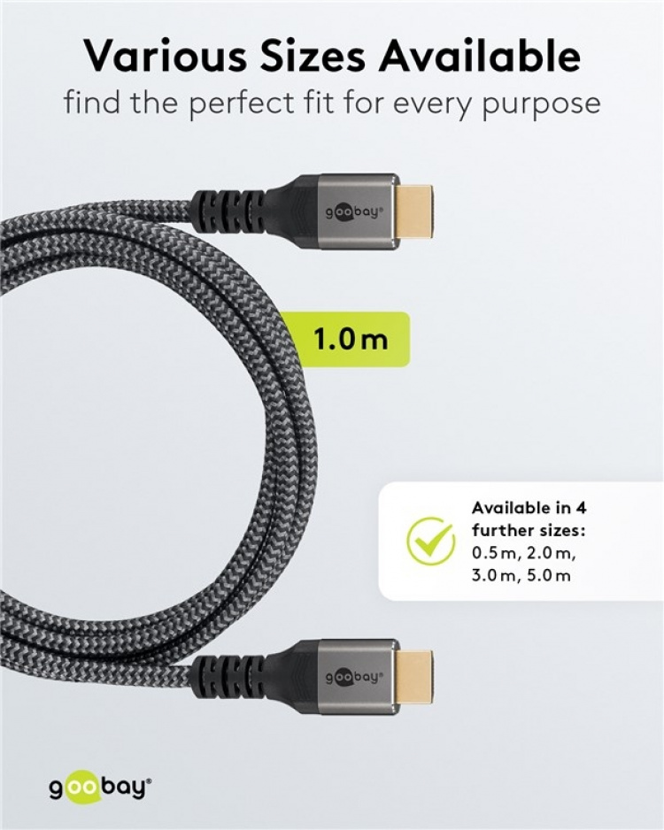 Goobay HDMI™-kabel med ultrahög hastighet, 1 m, Sharkskin Grey HDMI™-kontakt (typ A) > HDMI™-kontakt (typ A)