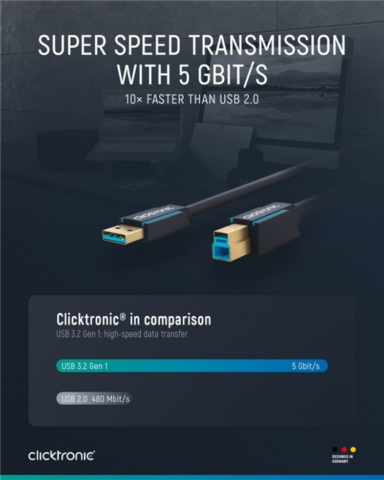 ClickTronic Adapterkabel fra USB-A til USB-B 3.0 Premium-kabel | USB A-kontakt USB B 3.0-kontakt | 0,5 m | 5 Gbit/s ClickTronic Adapterkabel fra USB-A til USB-B 3.0 Premium-kabel | USB A-kontakt USB B 3.0-kontakt | 0,5 m | 5 Gbit/s