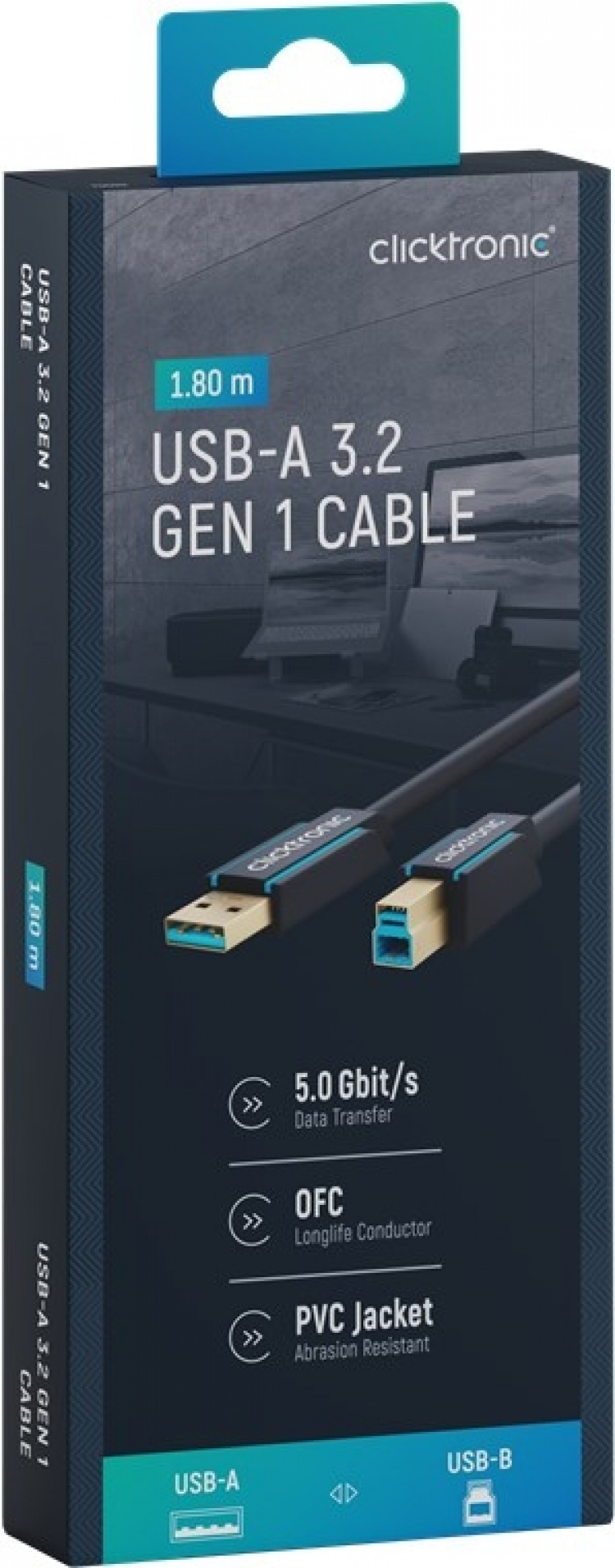ClickTronic Adapterkabel fra USB-A til USB-B 3.0 Premium-kabel | USB A-kontakt USB B 3.0-kontakt | 1,8 m | 5 Gbit/s ClickTronic Adapterkabel fra USB-A til USB-B 3.0 Premium-kabel | USB A-kontakt USB B 3.0-kontakt | 1,8 m | 5 Gbit/s
