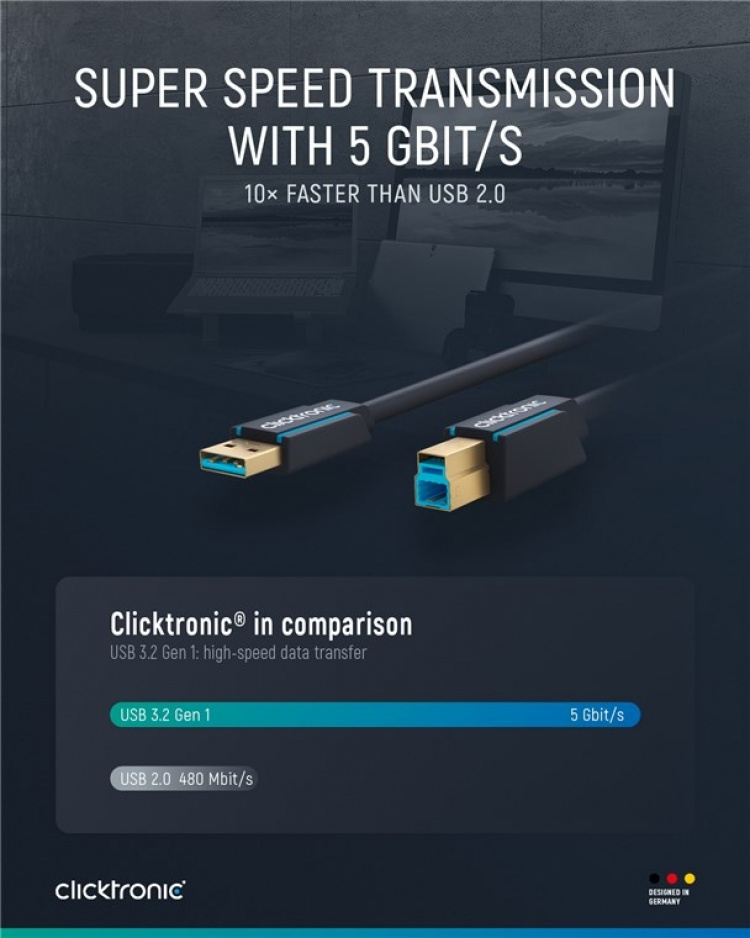 ClickTronic Adapterkabel fra USB-A til USB-B 3.0 Premium-kabel | USB A-kontakt USB B 3.0-kontakt | 1,8 m | 5 Gbit/s ClickTronic Adapterkabel fra USB-A til USB-B 3.0 Premium-kabel | USB A-kontakt USB B 3.0-kontakt | 1,8 m | 5 Gbit/s