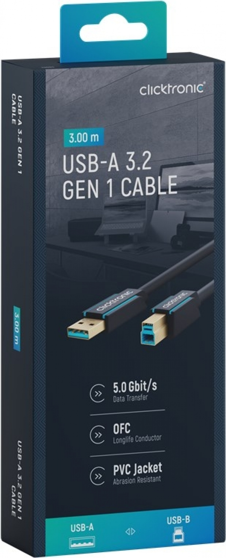ClickTronic Adapterkabel fra USB-A til USB-B 3.0 Premium-kabel | USB A-kontakt USB B 3.0-kontakt | 3,0 m | 5 Gbit/s ClickTronic Adapterkabel fra USB-A til USB-B 3.0 Premium-kabel | USB A-kontakt USB B 3.0-kontakt | 3,0 m | 5 Gbit/s