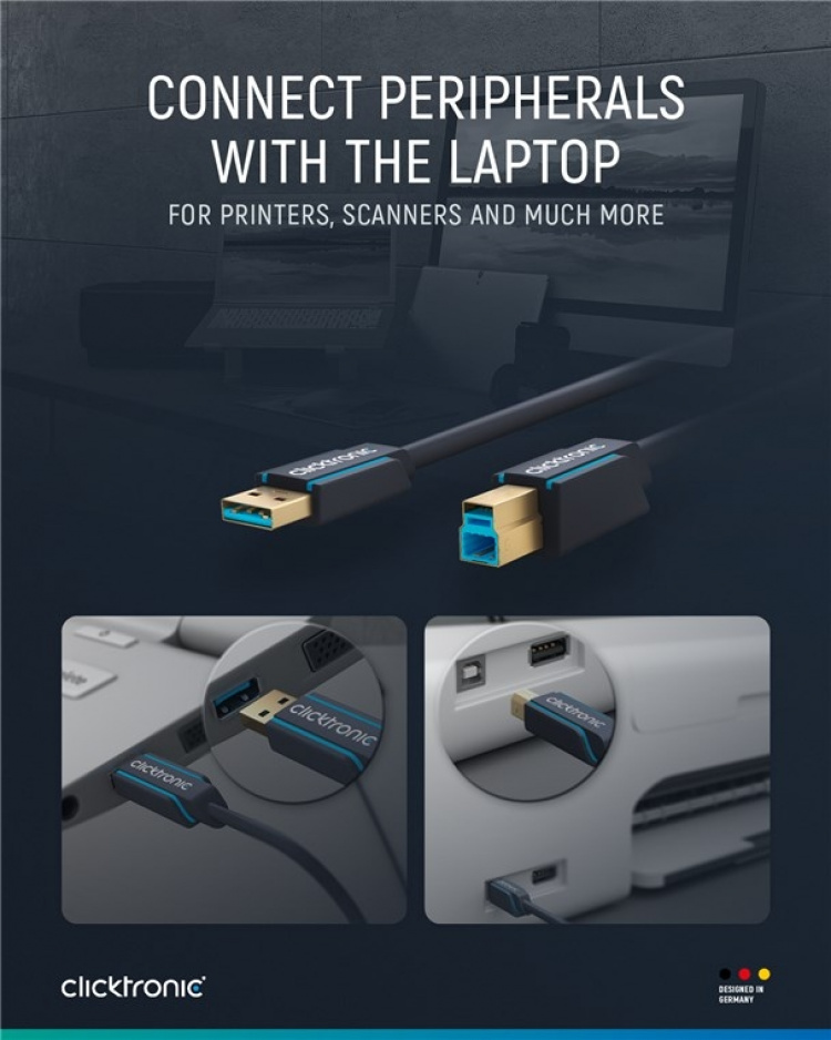 ClickTronic Adapterkabel fra USB-A til USB-B 3.0 Premium-kabel | USB A-kontakt USB B 3.0-kontakt | 3,0 m | 5 Gbit/s ClickTronic Adapterkabel fra USB-A til USB-B 3.0 Premium-kabel | USB A-kontakt USB B 3.0-kontakt | 3,0 m | 5 Gbit/s