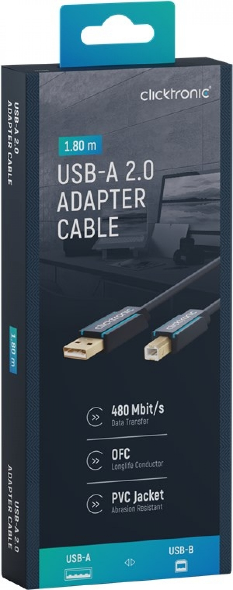 ClickTronic Adapterkabel fra USB-A til USB-B 2.0 Premium-kabel | USB A-kontakt USB B 2.0-kontakt | 1,8 m | 480 Mbit/s ClickTronic Adapterkabel fra USB-A til USB-B 2.0 Premium-kabel | USB A-kontakt USB B 2.0-kontakt | 1,8 m | 480 Mbit/s