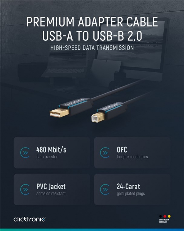 ClickTronic Adapterkabel fra USB-A til USB-B 2.0 Premium-kabel | USB A-kontakt USB B 2.0-kontakt | 1,8 m | 480 Mbit/s ClickTronic Adapterkabel fra USB-A til USB-B 2.0 Premium-kabel | USB A-kontakt USB B 2.0-kontakt | 1,8 m | 480 Mbit/s