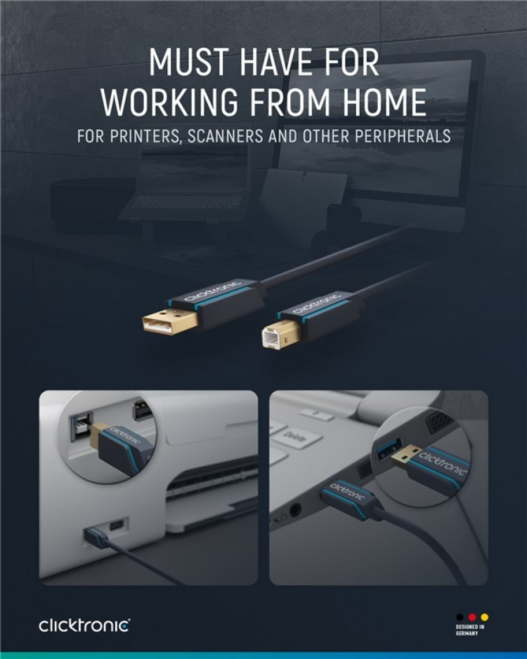 ClickTronic Adapterkabel fra USB-A til USB-B 2.0 Premium-kabel | USB A-kontakt USB B 2.0-kontakt | 1,8 m | 480 Mbit/s ClickTronic Adapterkabel fra USB-A til USB-B 2.0 Premium-kabel | USB A-kontakt USB B 2.0-kontakt | 1,8 m | 480 Mbit/s