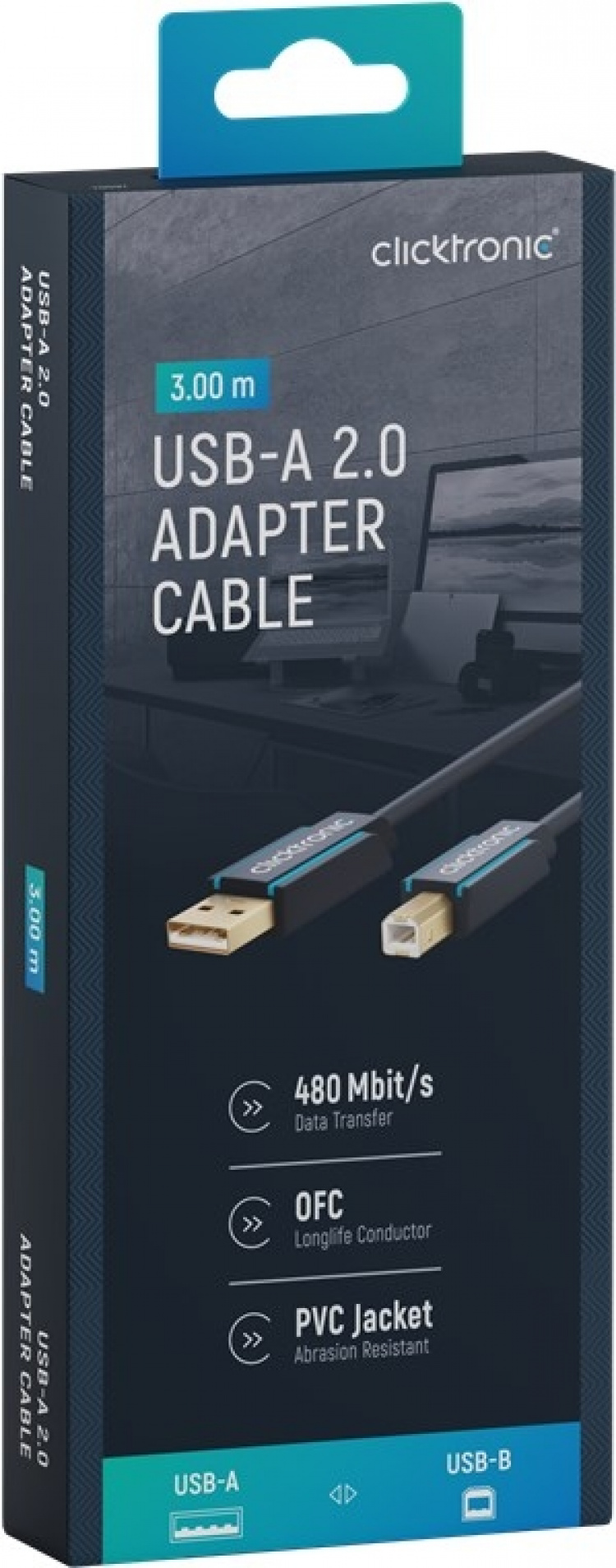 ClickTronic Adapterkabel fra USB-A til USB-B 2.0 Premium-kabel | USB A-kontakt USB B 2.0-kontakt | 3,0 m | 480 Mbit/s ClickTronic Adapterkabel fra USB-A til USB-B 2.0 Premium-kabel | USB A-kontakt USB B 2.0-kontakt | 3,0 m | 480 Mbit/s