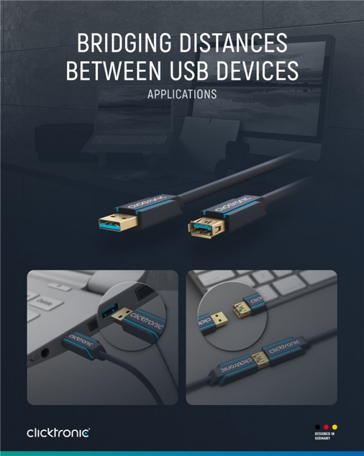 ClickTronic Forlengelseskabel USB-A Premium-kabel | USB A hann USB A hunn | 3,0 m | 5 Gbit/s ClickTronic Forlengelseskabel USB-A Premium-kabel | USB A hann USB A hunn | 3,0 m | 5 Gbit/s